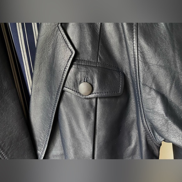 Leather navy blue blazer jacket - Picture 7 of 16